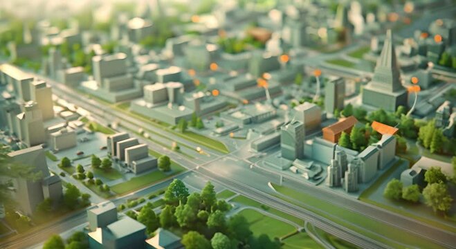 A miniature cityscape with blue pinpoints and white lines showing connections