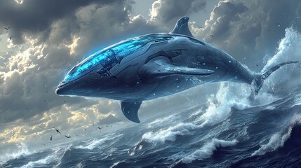 Fototapeta premium Futuristic Dolphin-shaped Craft Soaring Over Rough Seas