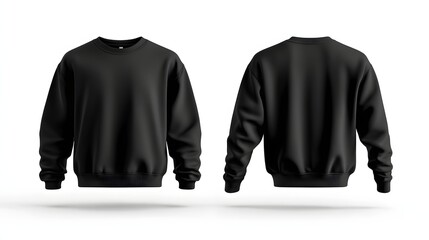 2. **Illustrate a mockup of a black crew neck sweatshirt, showcasing both the front and back views. Ensure the sweatshirt appears realistic, with a focus on the shape and design details against a