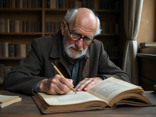 Thoughtful Elderly Man in Glasses Writing Notes in Open Book Inside Cozy Library with Wooden Bookshelves, Soft Natural Light Casting Gentle Shadows - Introspective Scholar in Intellectual Atmosphere