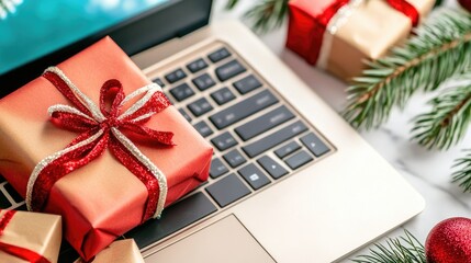 A festive laptop adorned with charming gifts amidst a marble backdrop, creating a cozy holiday atmosphere to embrace the season