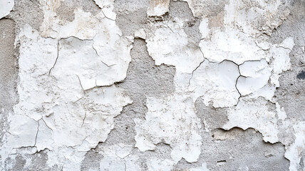 Textured wall with peeling white paint and cracks in a weathered urban setting