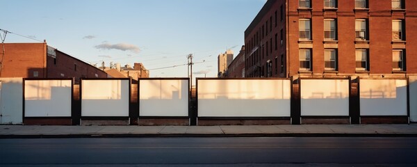Construction barriers along a city street with a historical brick building in the background during golden hour