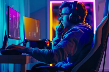 A young esports athlete intensely engages in an FPS game with concentration, surrounded by vibrant neon lights in a dim environment, showcasing competitive spirit and skill.