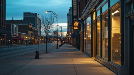 Obraz premium A quiet urban street at dawn with storefronts and streetlights.