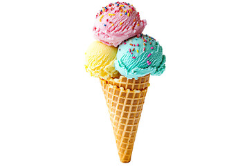Colorful Ice Cream Cones with Sprinkles in Waffle Cones, Featuring Blue, Yellow, and Pink Flavors, Perfect for Summer Treats and Dessert Photography