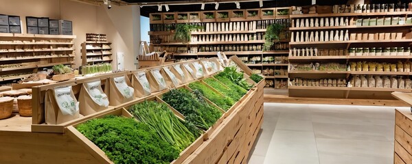 Fresh herbs and organic products displayed in an eco-friendly grocery store interior