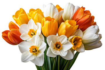 Fototapeta premium A bright spring bouquet of tulips and daffodils, isolated on a transparent background, PNG file.