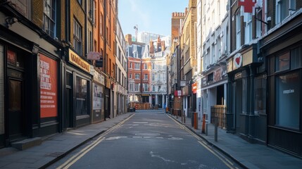 Fototapeta premium A quiet urban street scene featuring buildings and shops under a clear blue sky.