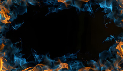 Naklejka premium Blue and orange fire frame on black background 