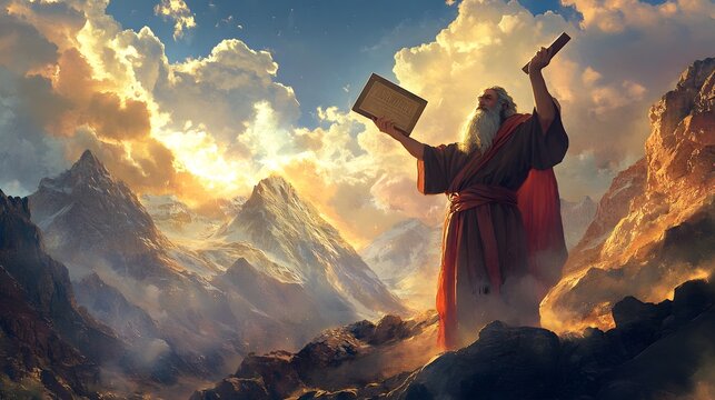 2. **Create an image of Moses on Mount Sinai, receiving the Ten Commandments. Show him holding the tablets high, with a backdrop of rugged mountains and a radiant light illuminating the scene.**