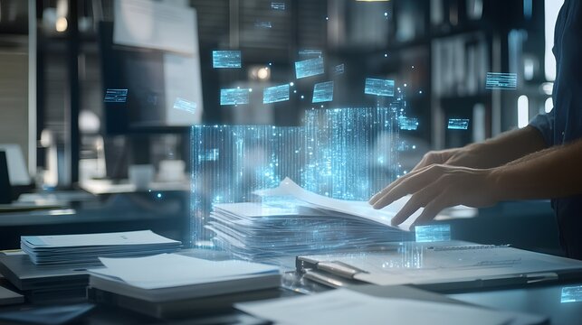 1. **Visualize a sleek digital workspace where automated software captures and categorizes invoices and receipts in real-time. Show various financial documents being scanned and sorted with