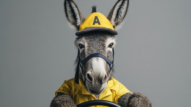 Donkey Dressed as Taxi Driver in Yellow Outfit