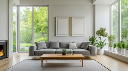 Modern living room interior with cozy gray sofa, wooden coffee table, and green plants by large windows overlooking lush garden