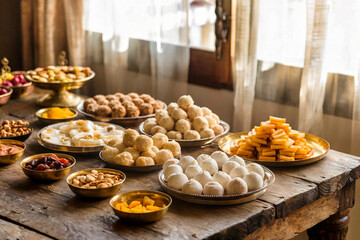 Traditional Indian Kitchen Table with Diwali Sweets and Brass Bowls in Sunlit Room