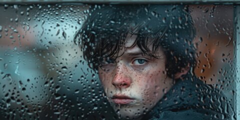  a teenage boy looking out through a rain-streaked window