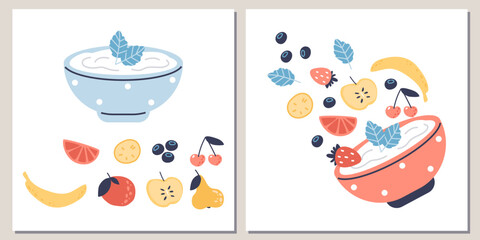 Natural healthy Greek yogurt in a bowl with fruits.