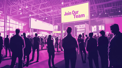 Silhouettes of people at job fair or recruitment event with large illuminated sign displaying the message "Join Our Team" in pink and purple color scheme
