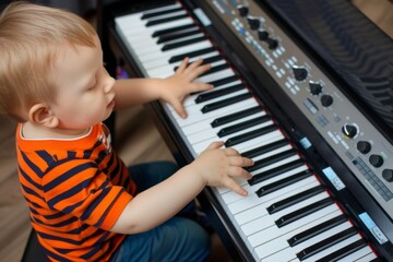 A young child passionately plays a digital piano, experimenting with sounds and discovering music in a nurturing home setting, illustrating the joy of learning.