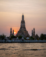 Pagoda at Wat Arun, a royal temple at Chaopraya river on sunset time, Bangkok, Thailand.