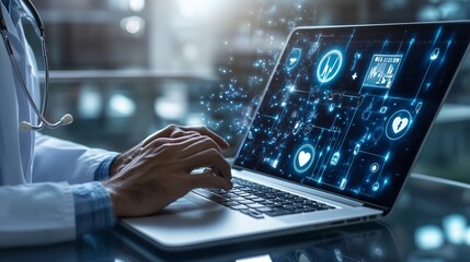 Medical professional using a laptop to access health technology and data analytics in a modern healthcare environment