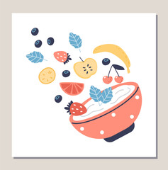 Vector poster with Greek yogurt with strawberries, blueberries, banana, apple on a white background