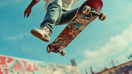 A skateboarder performs an impressive jump against a vibrant backdrop, showcasing athleticism and urban creativity.