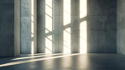 Obraz premium Natural light streams through modern concrete space during late afternoon, creating striking shadows