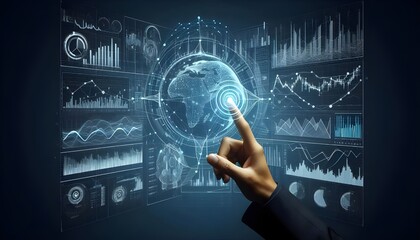 Fototapeta premium Black man finger touch forex diagrams, stock market data with chart