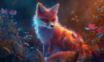 A red fox sitting in a field of flowers.