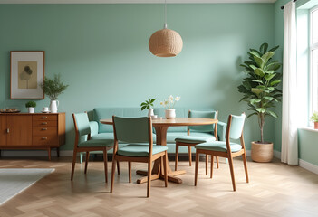 Mint color chairs at round wooden dining table in room with sofa and cabinet near green wall. Scandinavian, mid-century home interior design of modern living room.