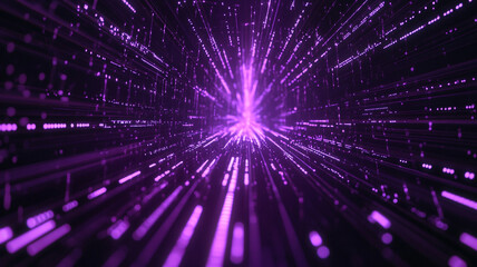 Naklejka premium Dynamic purple light streaks create a vibrant tunnel effect in an abstract digital landscape
