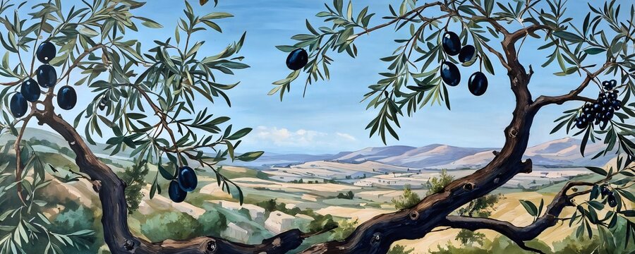 Olive tree with ripening fruit overlooking a tranquil countryside landscape in sunny weather