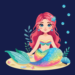 Illustration of a cute mermaid girl with a beautiful colored tail sitting underwater. Vector Illustration in flat cartoon style