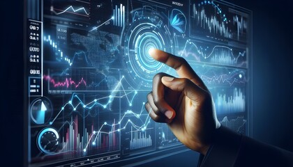 Black man finger touch forex diagrams, stock market data with chart