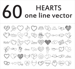 60 Hearts continuous one line drawing vector.Trendy line art vector 