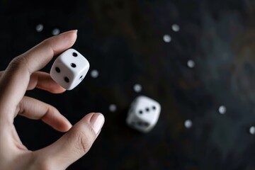 A female hand tosses two white dice into the air, surrounded by small dots on a dark backdrop, symbolizing the thrill of gambling and the hope for good fortune.