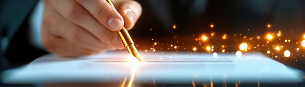 Close-up of a hand writing with a pen on document with glimmering background.