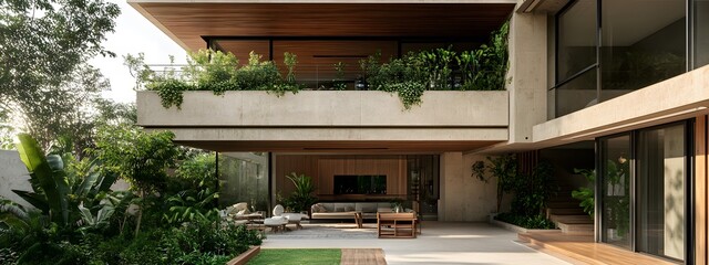 A modern home with plenty of greenery, featuring wooden and concrete details, and a balcony overlooking the garden