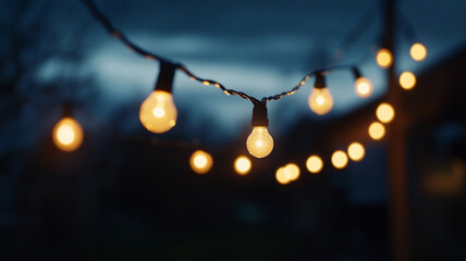 Warm glowing lights illuminate an outdoor setting during twilight hours
