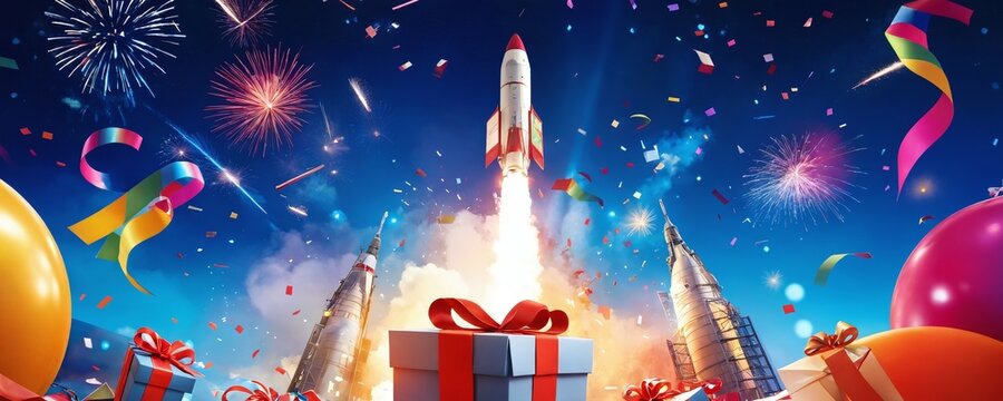 Colorful rocket launch celebration with fireworks and festive decorations amidst a background of blue sky and vibrant party elements
