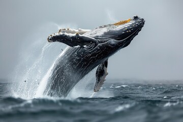 Fototapeta premium Humpback Whale Breaching in Ocean Against Blue Sky