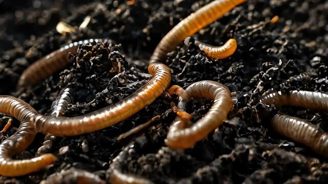 extreme close up of a worm of fertile soil surface