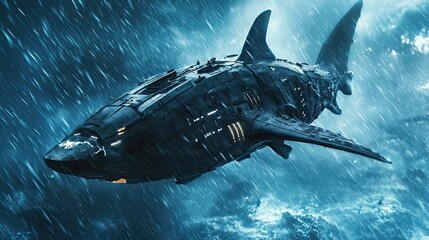 Fototapeta premium A Shark-Shaped Spaceship Navigating a Stormy Sky