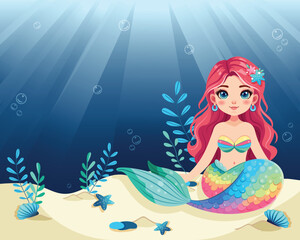 Illustration of a cute mermaid girl with a beautiful colored tail sitting underwater. Vector Illustration in flat cartoon style