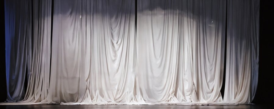 A theater stage with elegant white curtains ready for a performance during a night show at a local auditorium