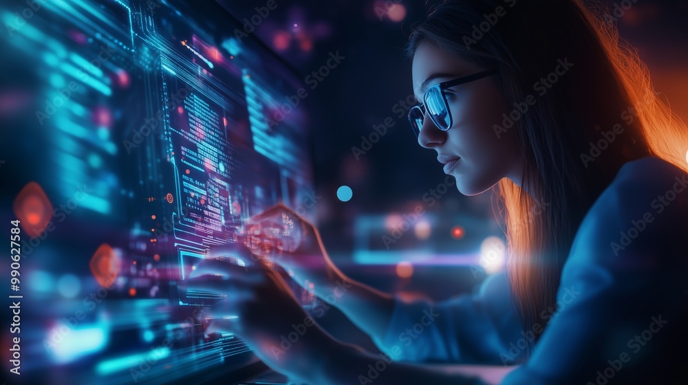 Poster young woman focusing intently on coding while using a futuristic computer interface at night in a di
