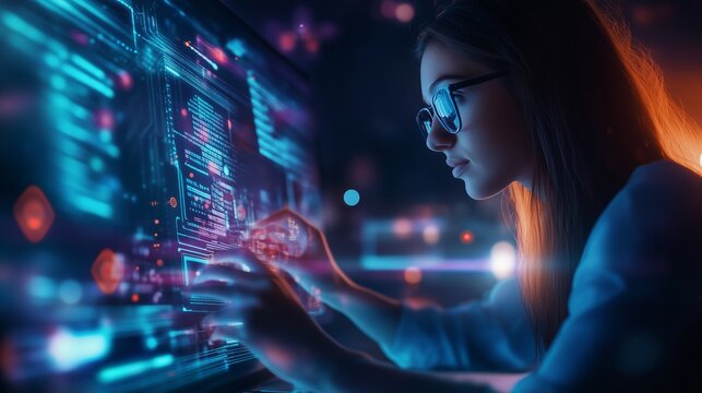 Young woman focusing intently on coding while using a futuristic computer interface at night in a dimly lit room
