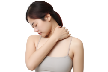 Woman Holding Her Neck in Pain, Illustrating Muscle Tension and Discomfort. PNG isolated on transparent background.
