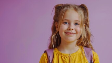 Smiling pupil ready for a new school year, standing against a light purple studio background.